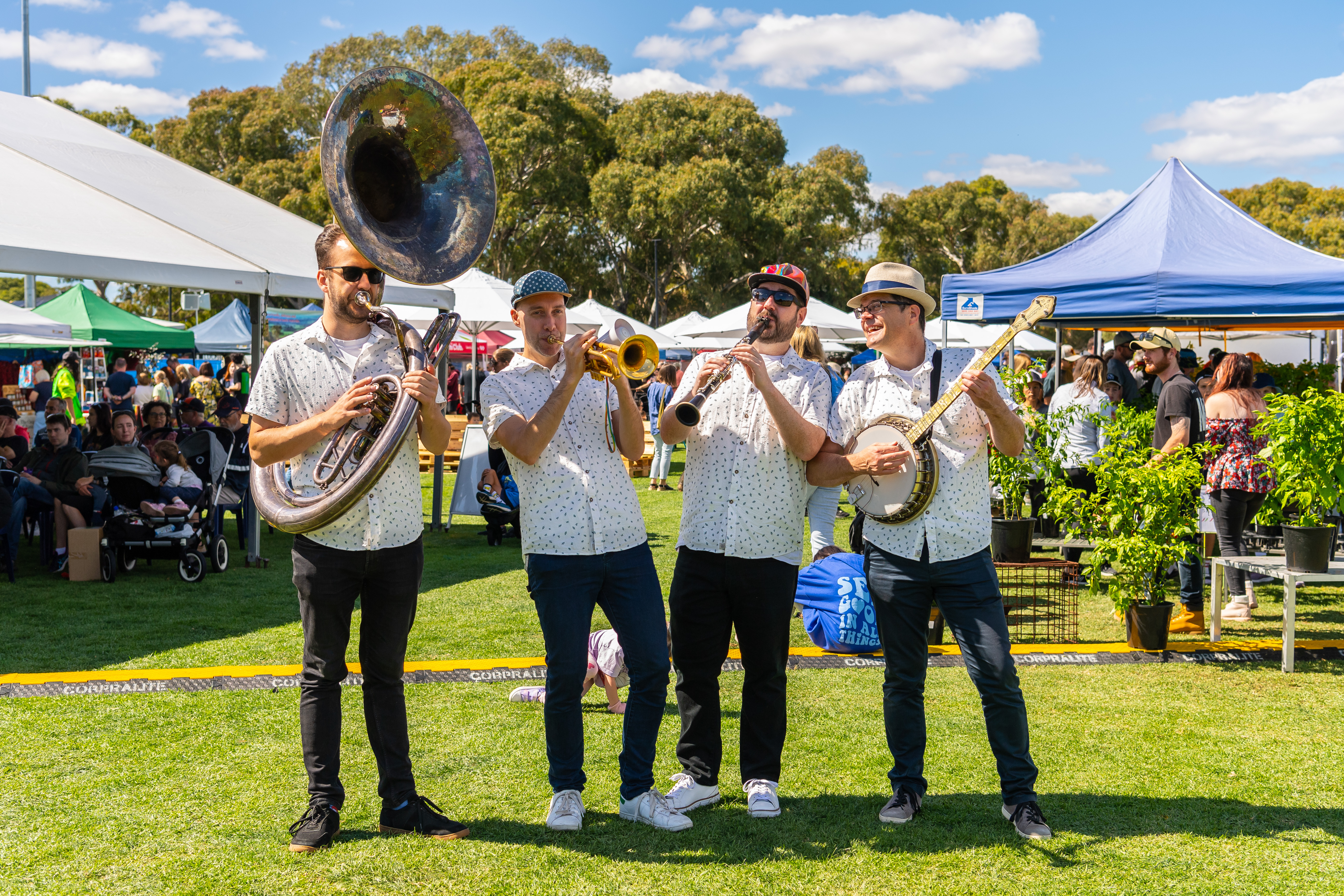 Atlantic Street Band musicians in matching smart casual attire play jazz at a community event for West Torrens council
