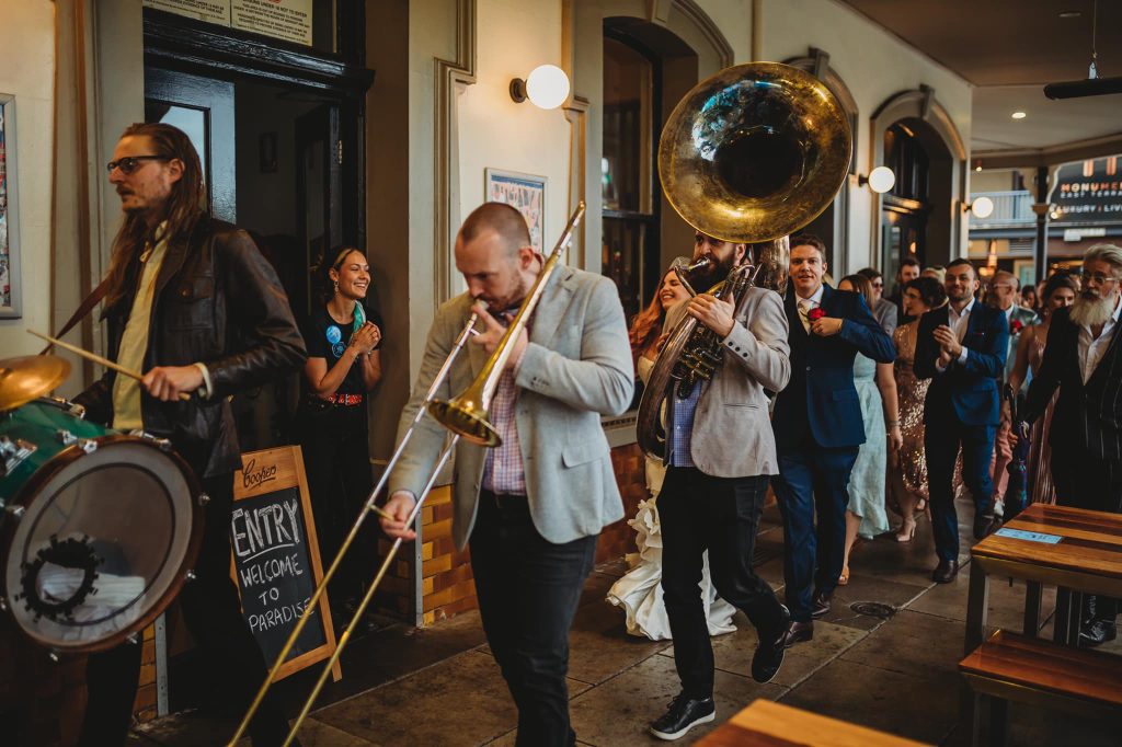 Atlantic Street Band leading Jen and Dan's wedding procession from the Botanic Gardens to Chateau Appollo