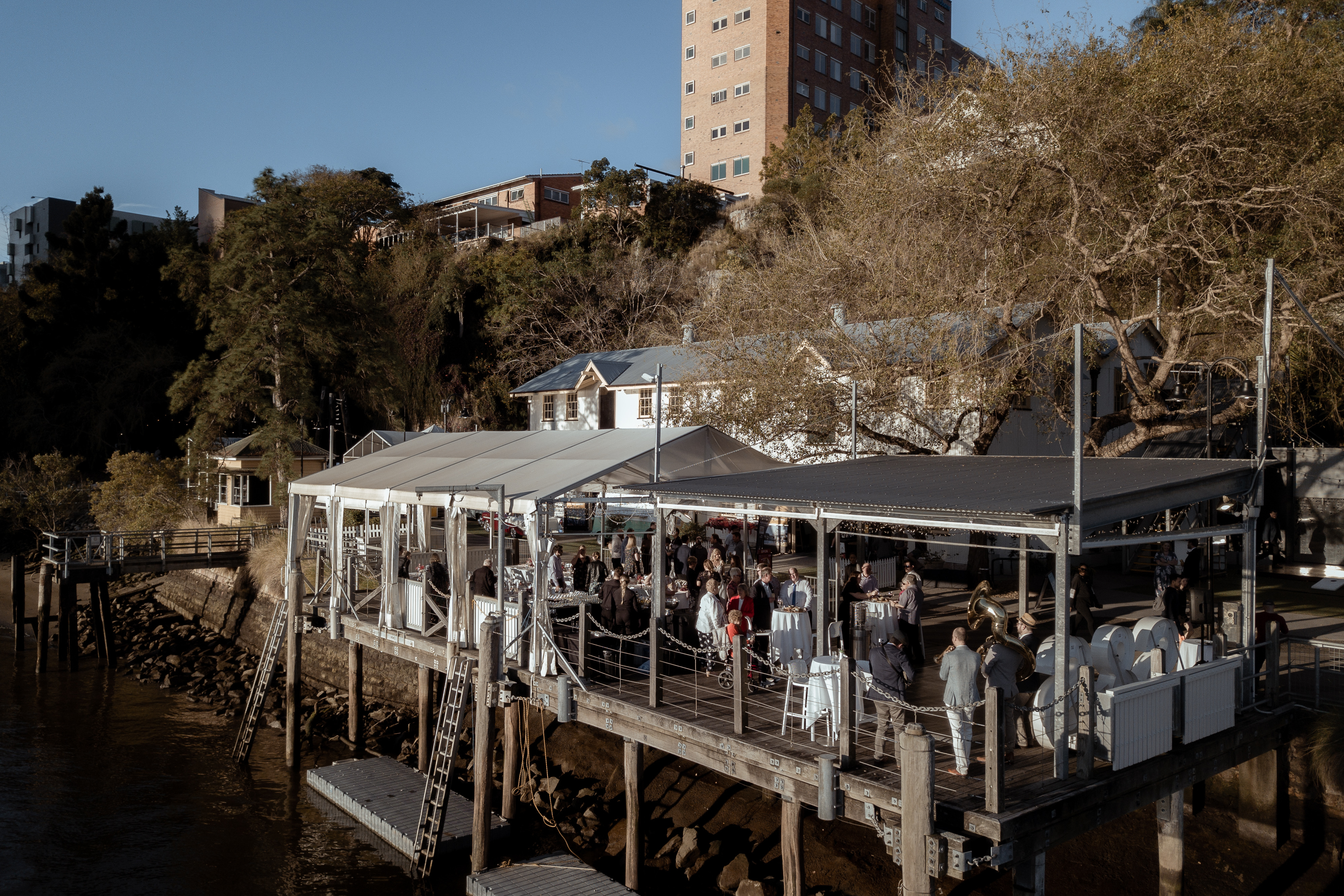Atlantic Street Band performing outdoors at Sarah and Stuart's wedding at Kangaroo Point, Brisbane.