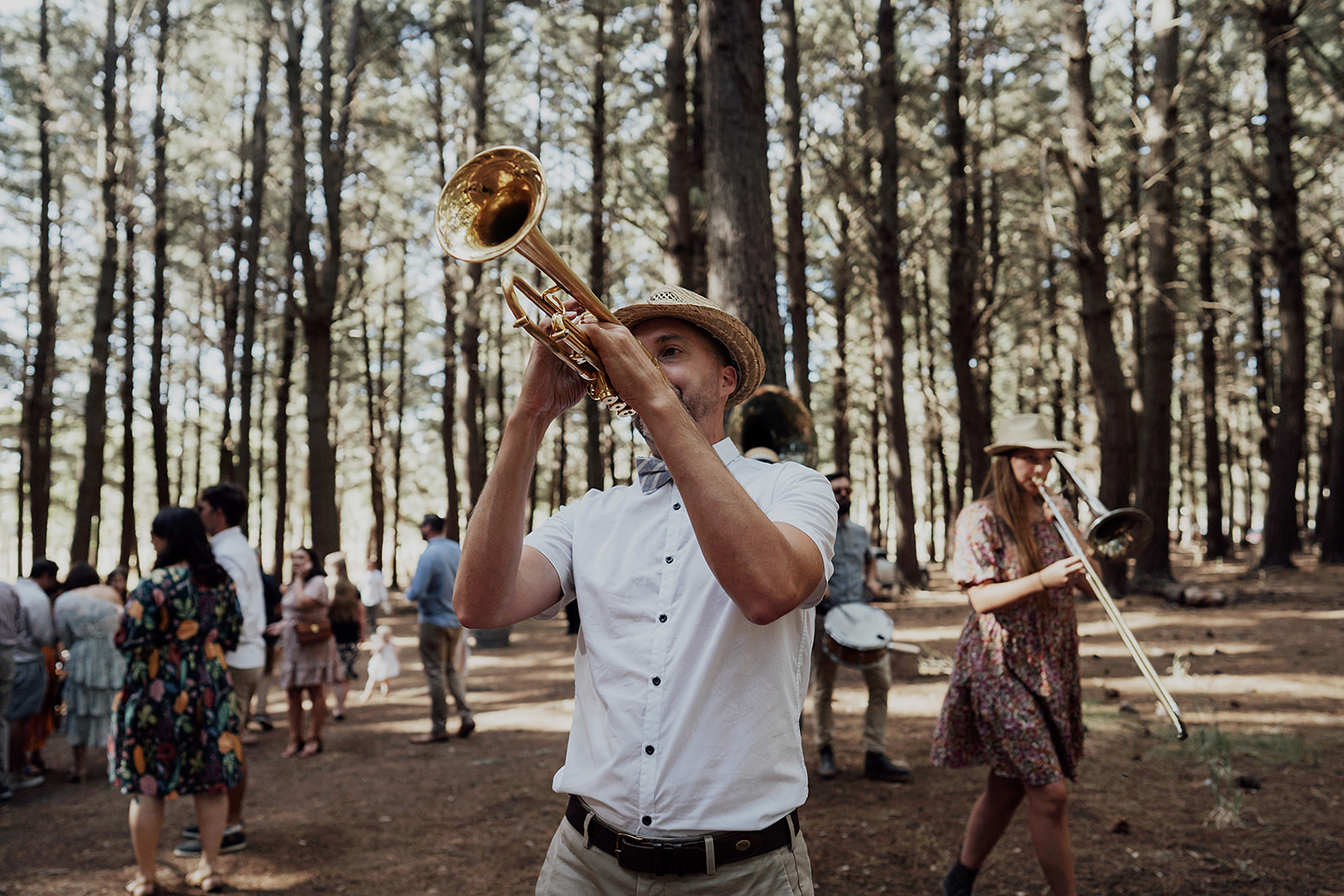 Atlantic Street Band acoustic quintet leading Jill and Jimi's wedding procession through Kuitpo Forest