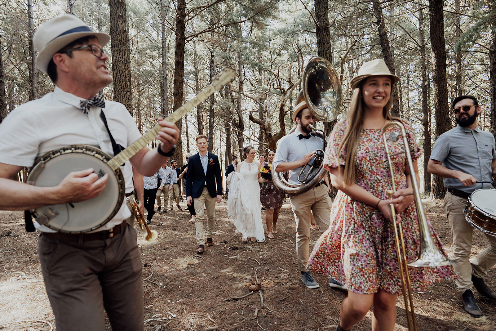 ASB in acoustic 6-piece mode led Jill & Jimi's wedding procession through Kuitpo Forest, South Australia.