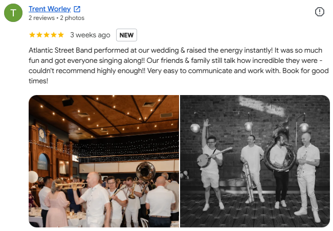 A screenshot of a glowing wedding review about Atlantic Street Band including 2 photos uploaded by the groom, Trent Worley.